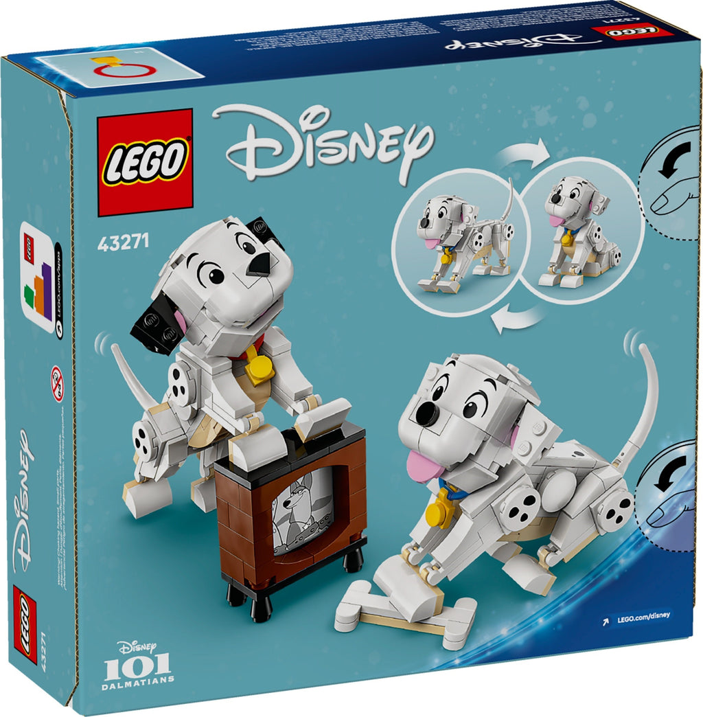 LEGO Disney 101 Dalmatians set packaging with two dalmatian dogs and a TV.
