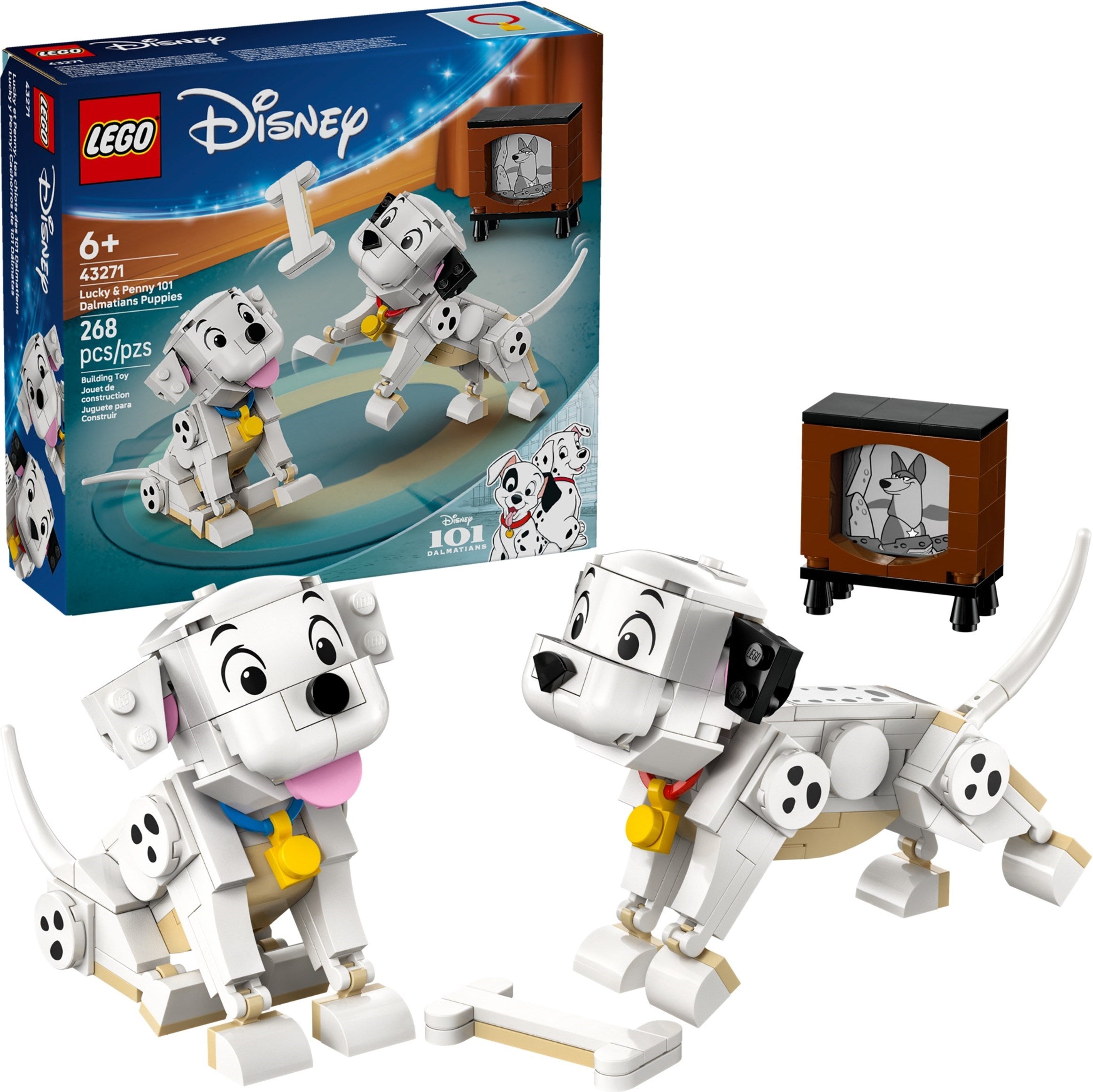 LEGO Disney 101 Dalmatians set with two dogs and packaging on a white background
