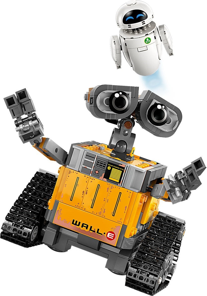 LEGO model of a robot from the movie 'WALL-E' on a white background
