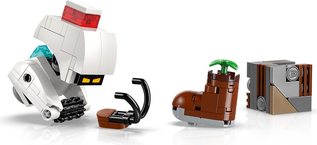 LEGO pieces including a ship, boots, and a box on a white background