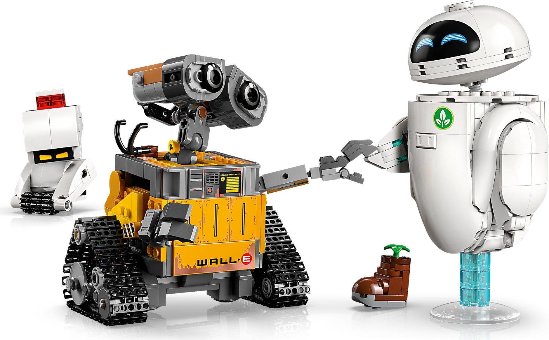 Toy robots from the movie 'Wall-E' on a white background
