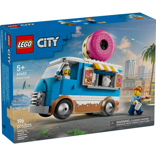 LEGO City Donut Truck set packaging with cityscape background
