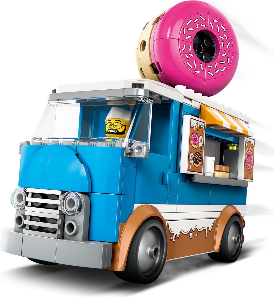 Toy ice cream truck with a pink donut on top against a white background