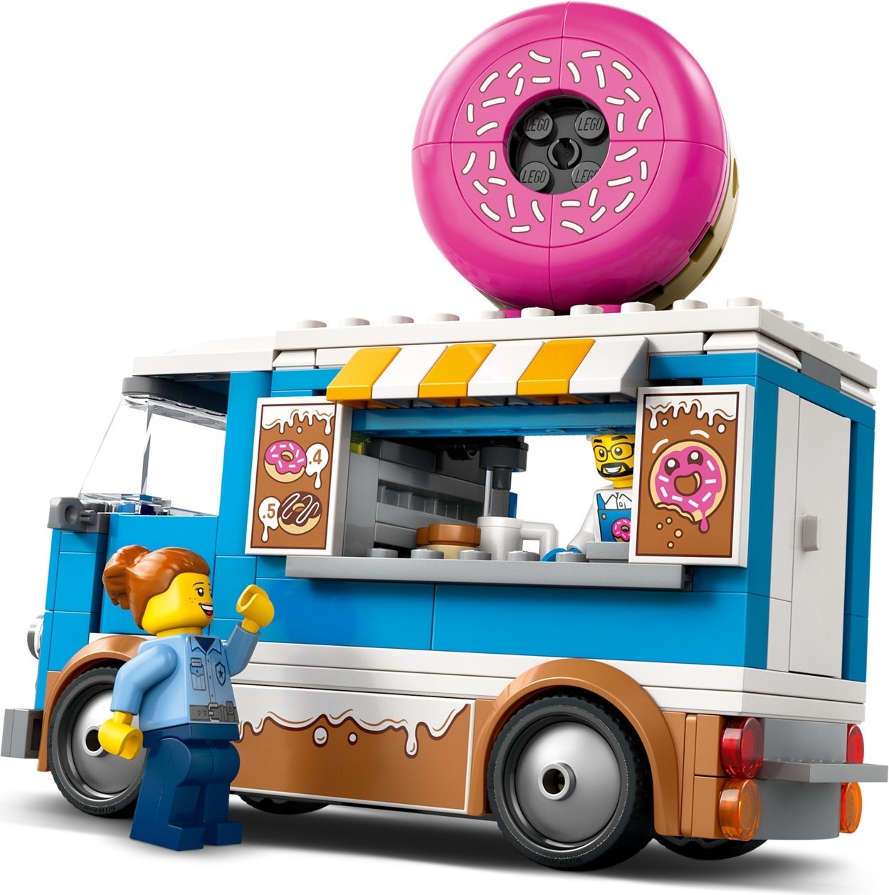LEGO donut truck with a character next to it on a white background