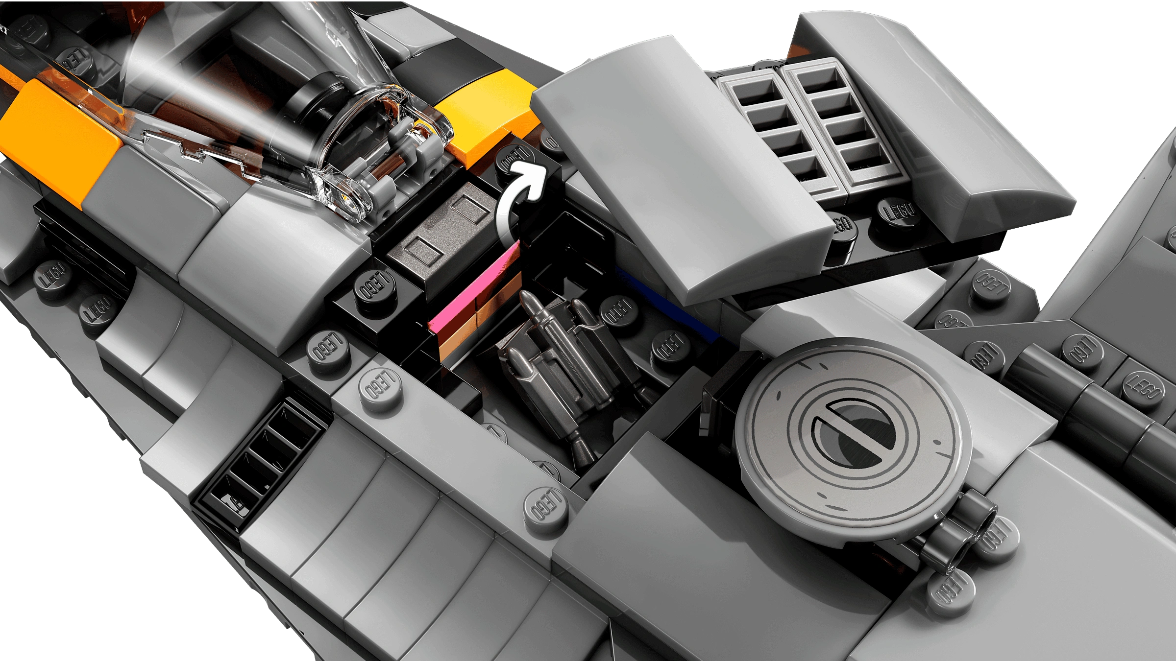 Close-up of a LEGO model with detailed components on a transparent background