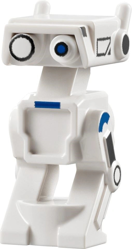 White toy figure with blue accents on a white background