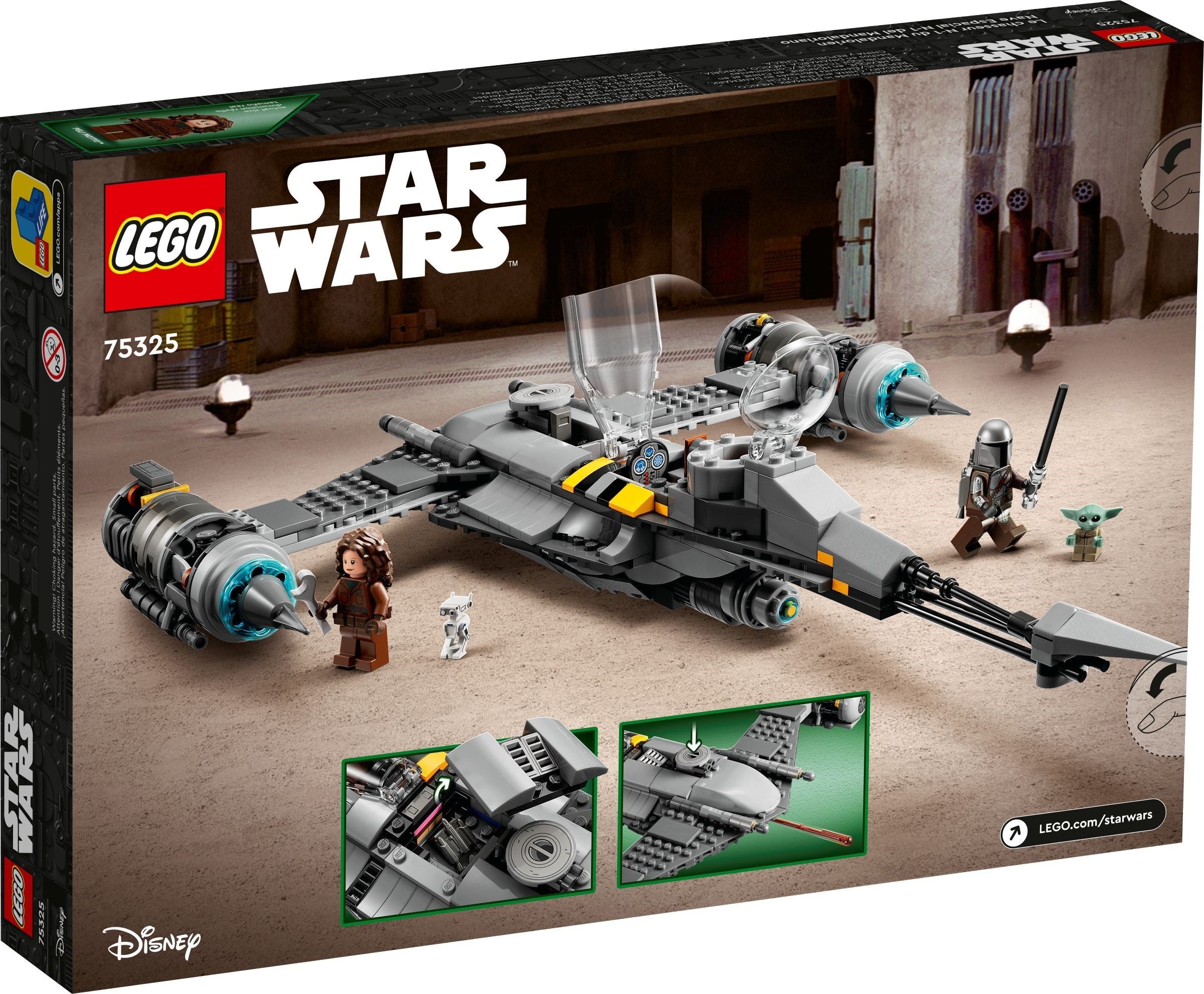 LEGO Star Wars packaging with a spaceship model and characters on a desert planet background.