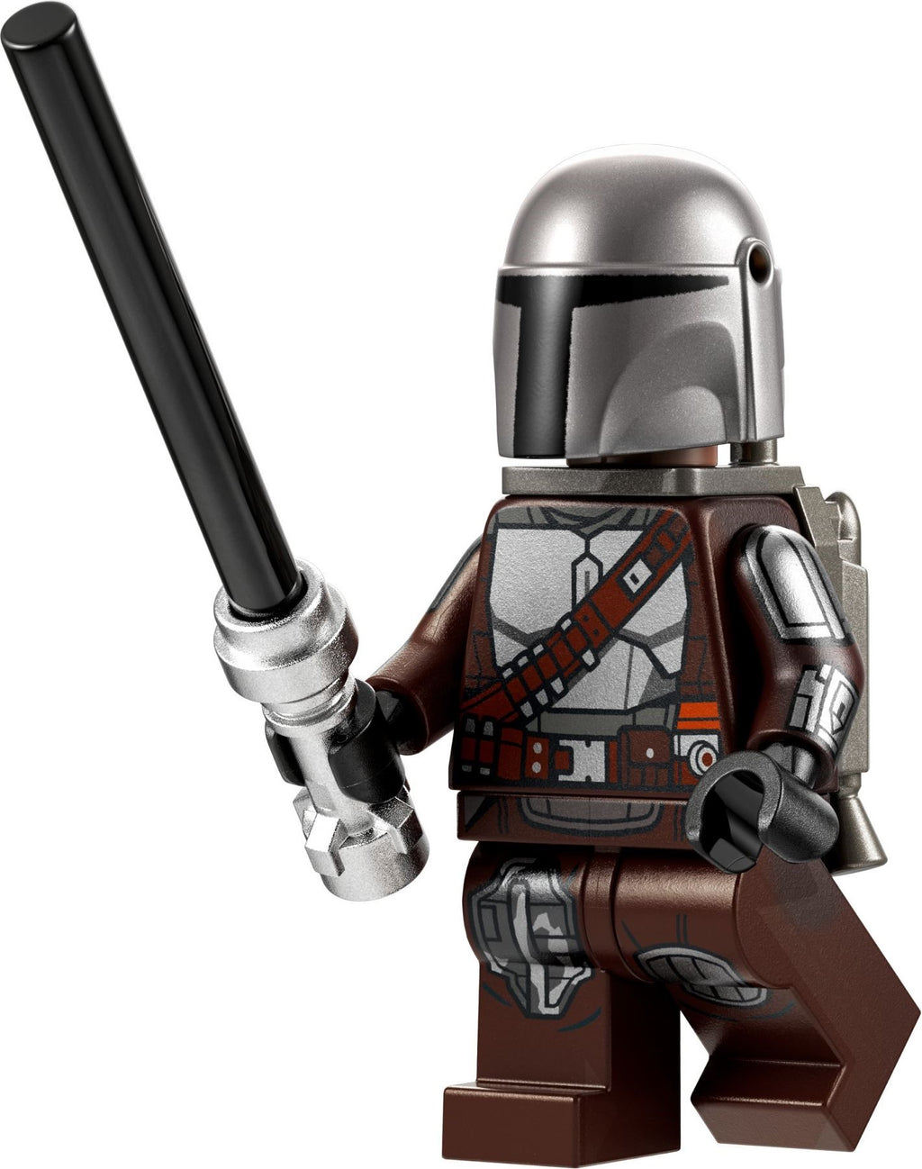 LEGO figure of a character from 'The Mandalorian' holding a lightsaber on a white background