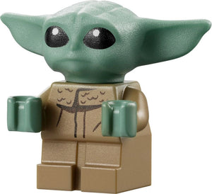 LEGO figure of a green alien with large eyes and a tan outfit on a white background