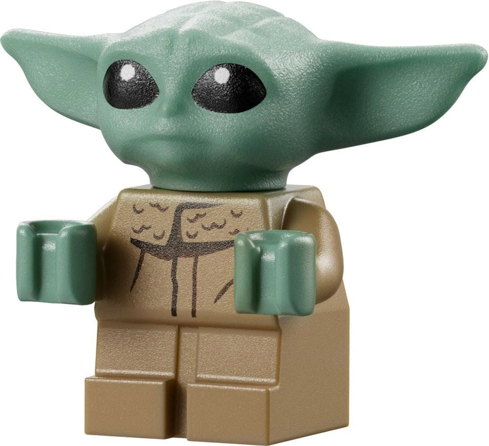 LEGO figure of a green alien with large eyes and a tan outfit on a white background