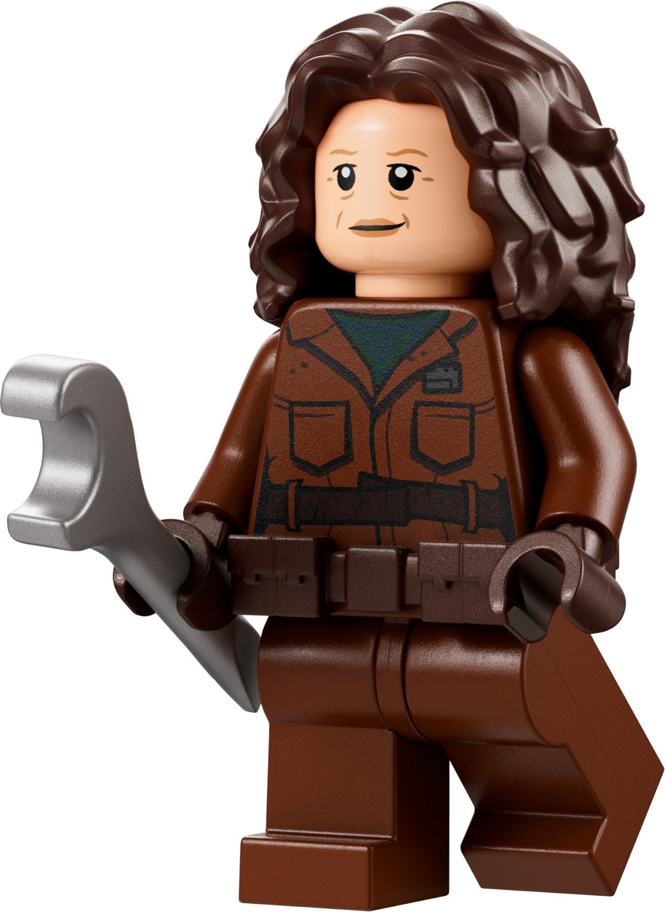 LEGO minifigure in a brown outfit with a weapon on a white background