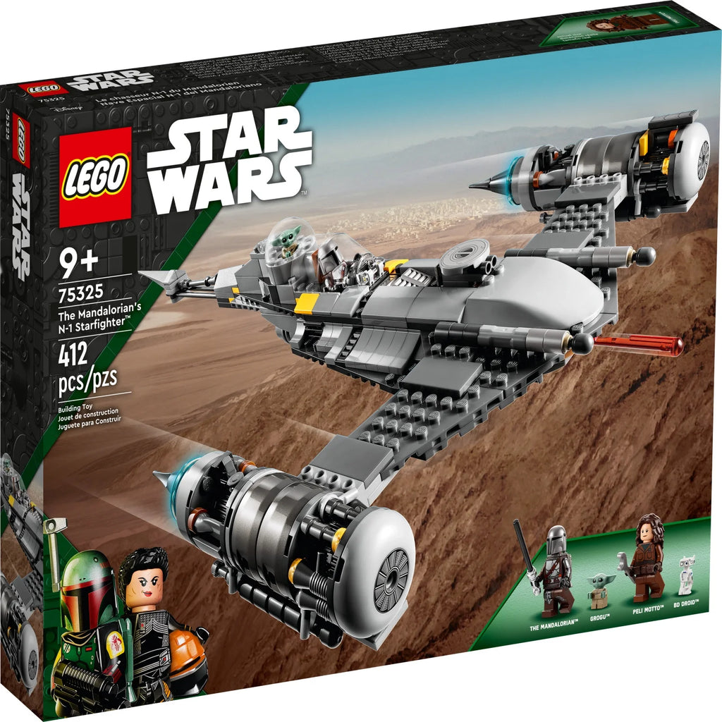 LEGO Star Wars The Mandalorian N-1 Starfighter set packaging on a desert background