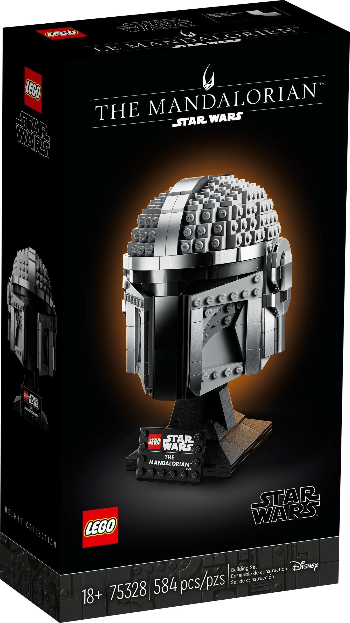 LEGO The Mandalorian helmet set packaging with helmet and branding on a dark background