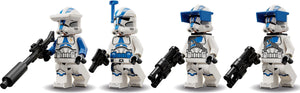 Four LEGO stormtrooper figures with blue accents on a white background
