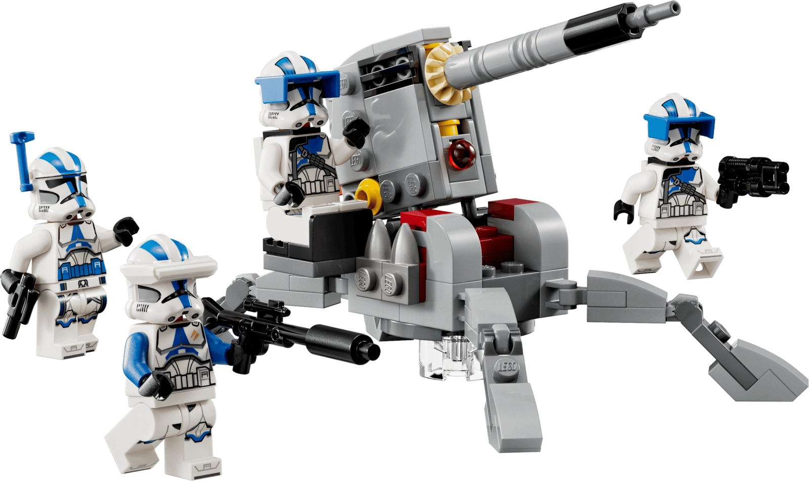 Toy robot with four clone trooper figures on a transparent background