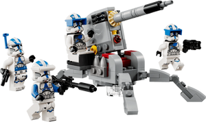 Toy robot with four clone trooper figures on a transparent background