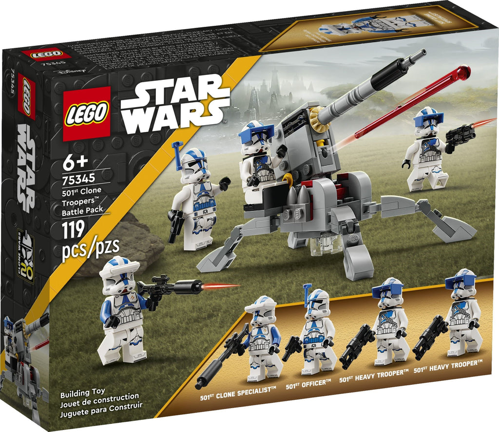 LEGO Star Wars 75345 Clone Trooper Battle Pack box with figures and robot on grassy background