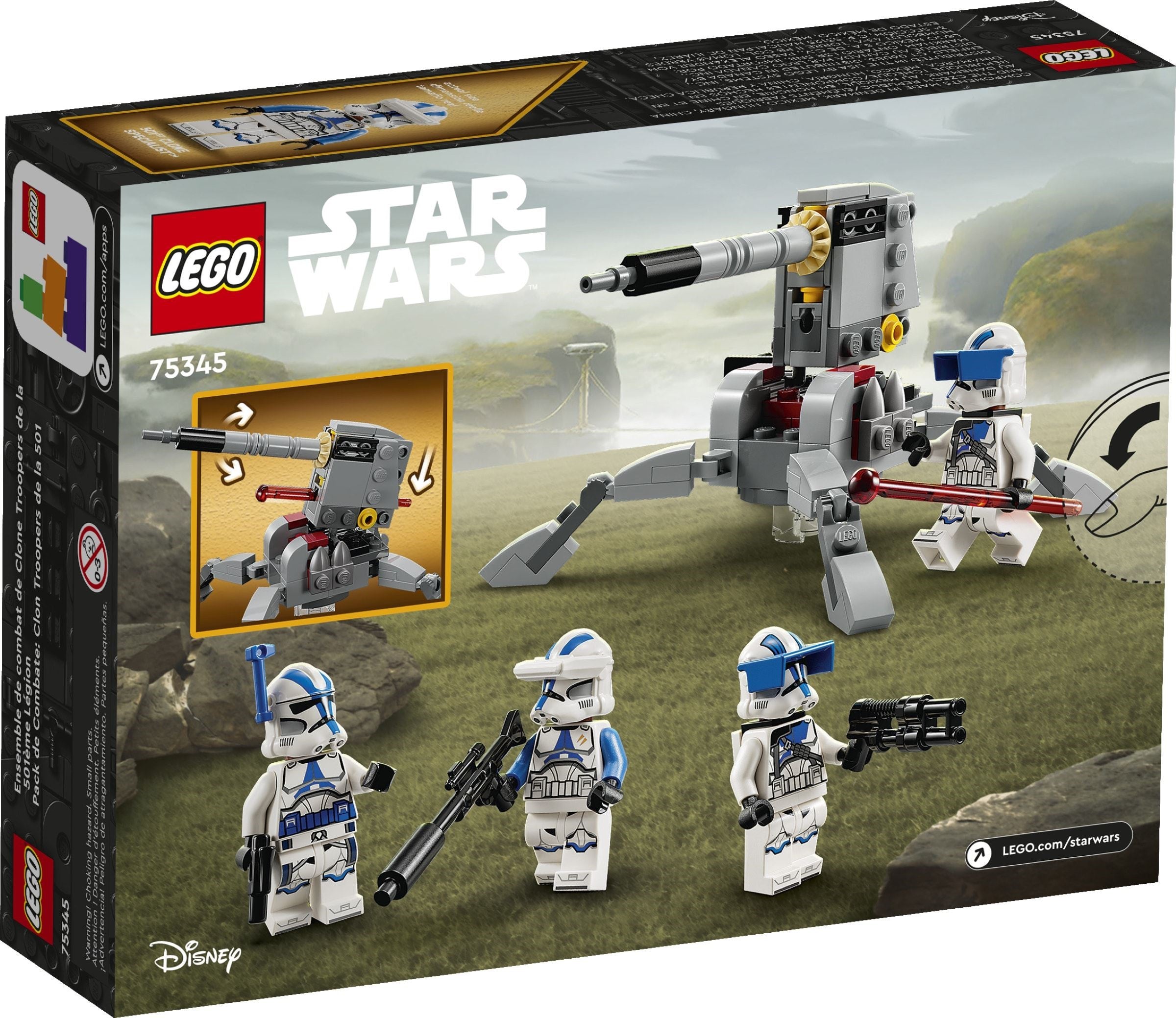LEGO Star Wars set packaging with figures and robot on a desert landscape