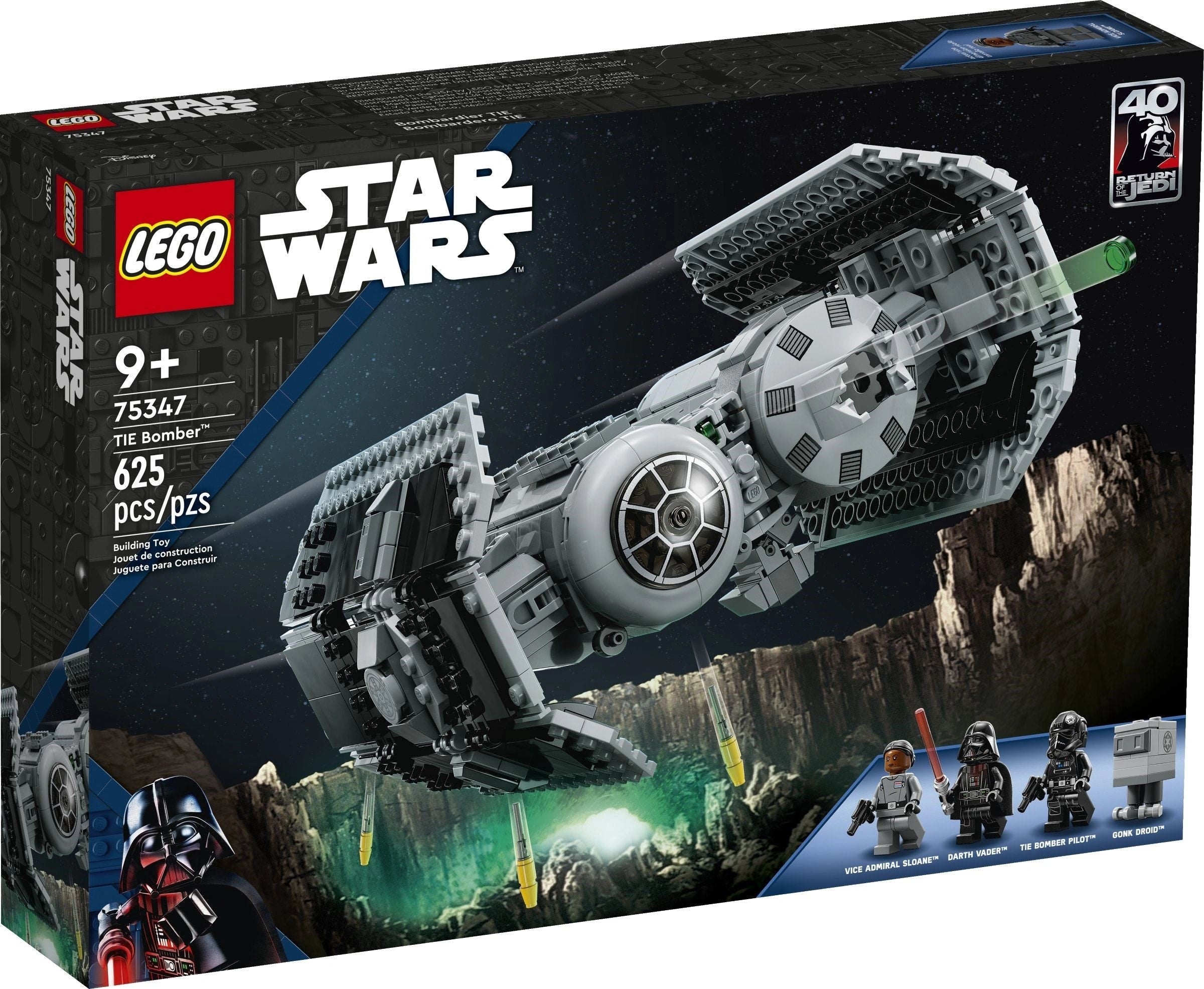 LEGO Star Wars TIE Bomber set packaging with characters and text on a dark background