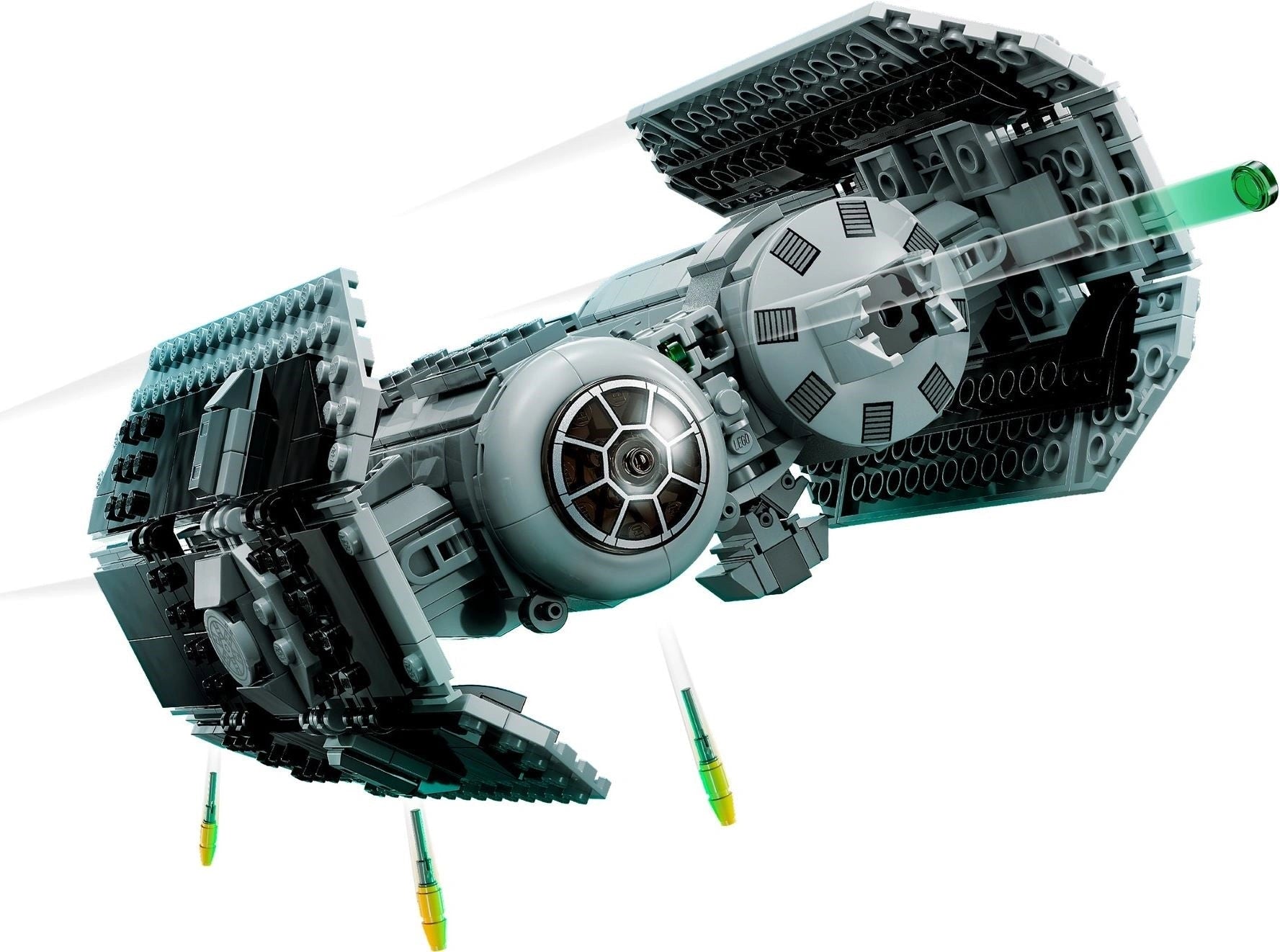 Toy model of a spaceship made from interlocking bricks on a white background