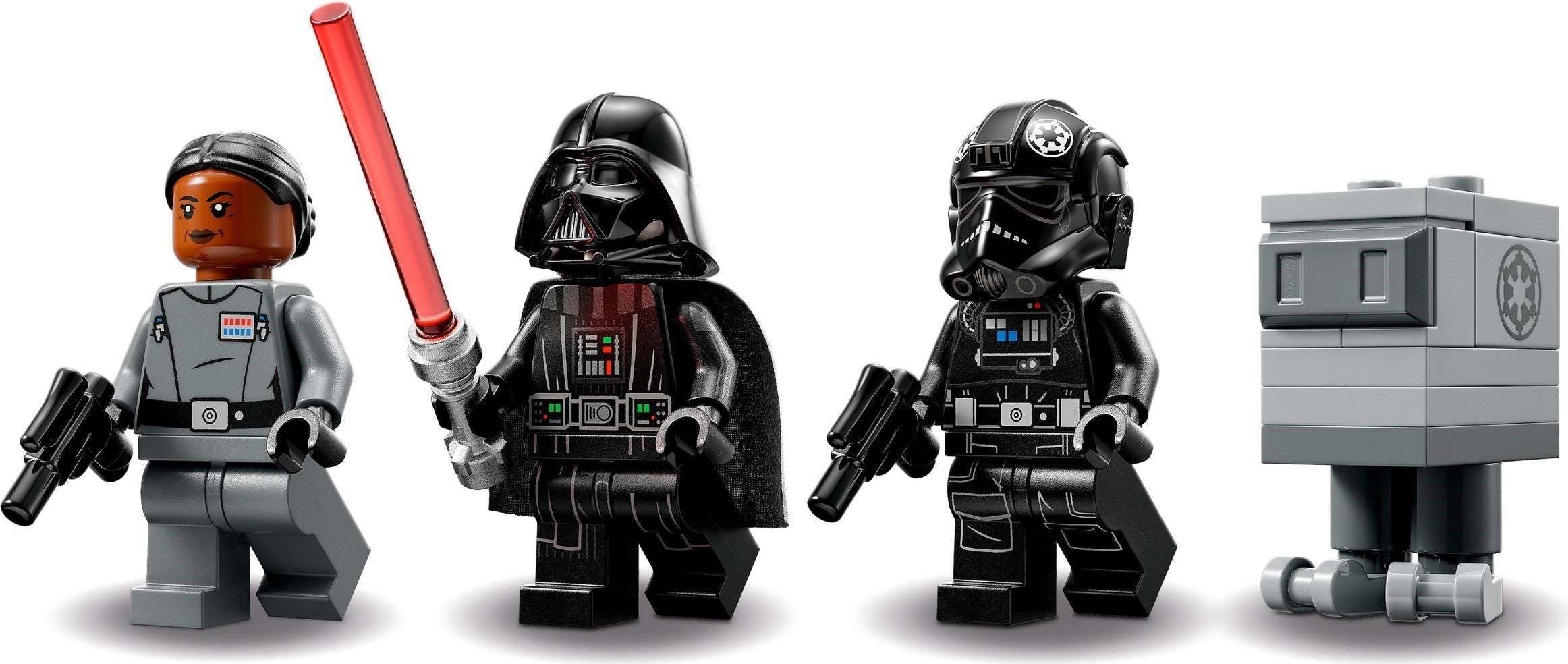 Four LEGO minifigures including a character with a red lightsaber, a stormtrooper, and two other characters in dark costumes.