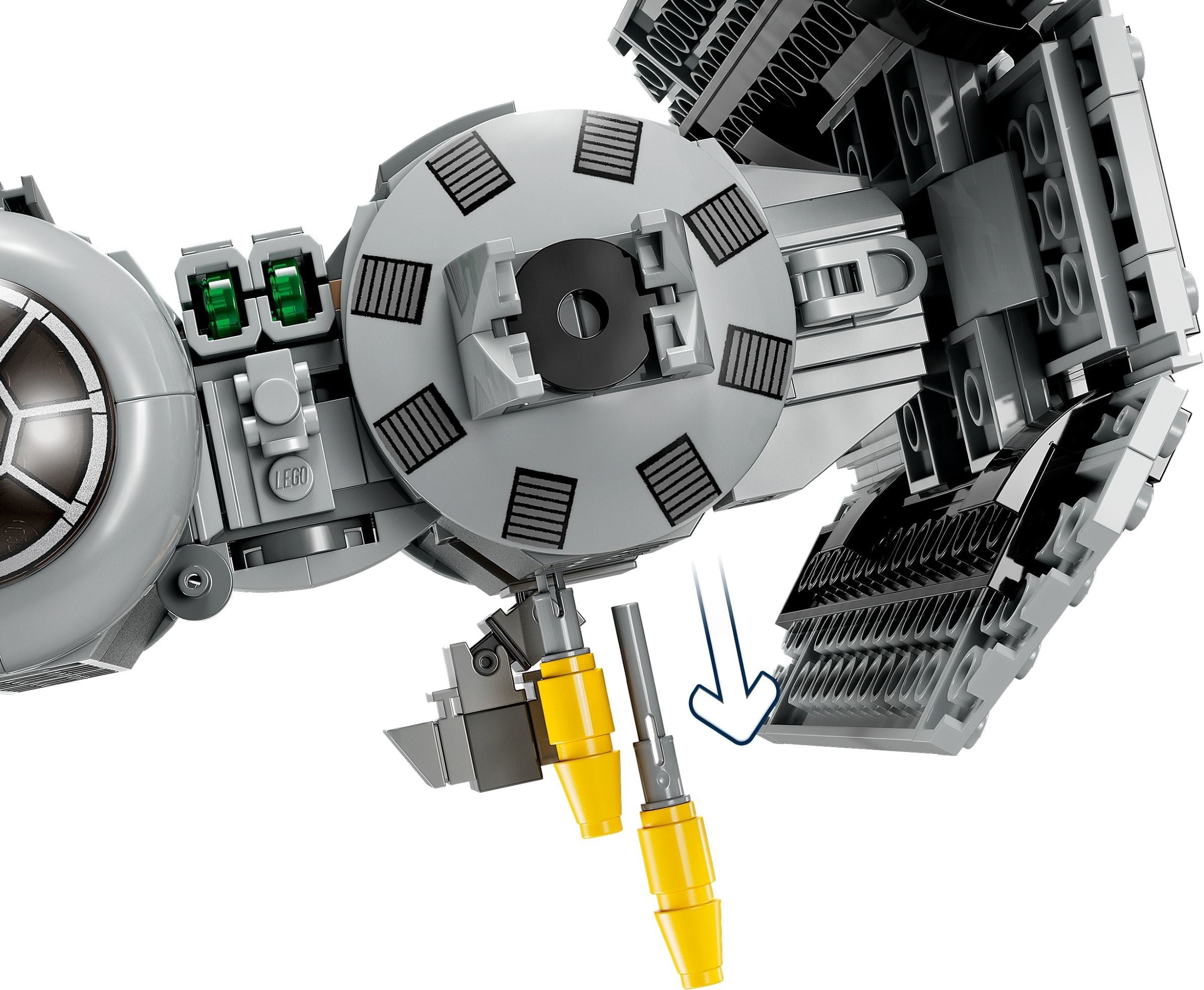 Close-up of a LEGO model with mechanical components on a white background