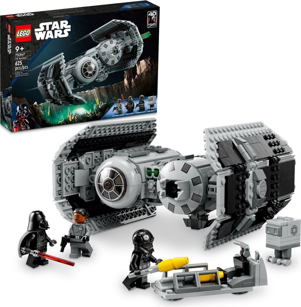 LEGO Star Wars set with TIE fighter model and figures on a white background