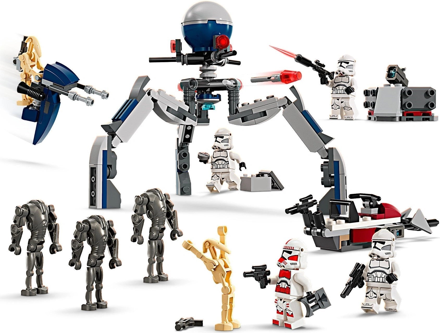 LEGO Star Wars set with various characters and robots on a white background