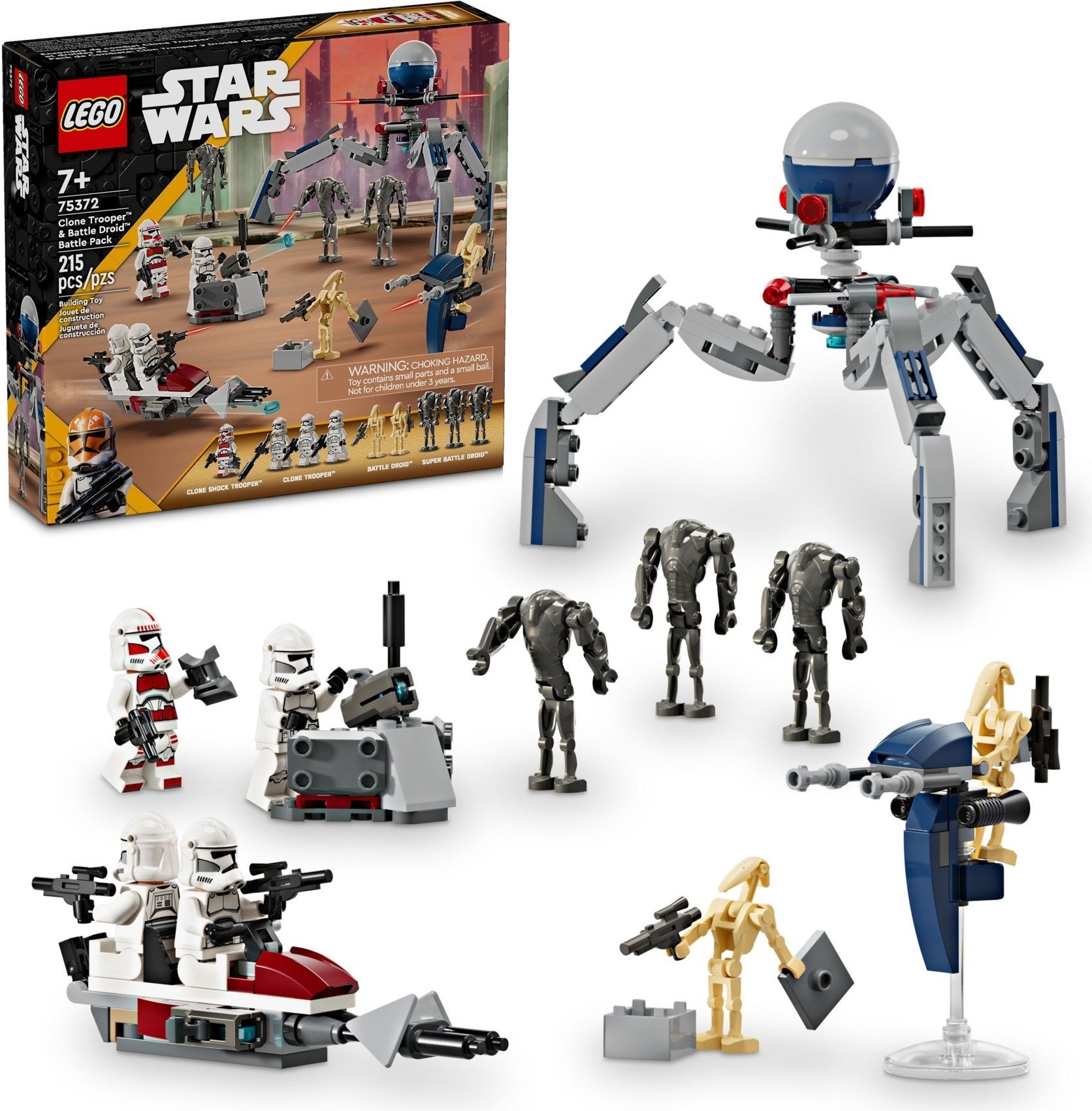 LEGO Star Wars set with figures and packaging on a white background
