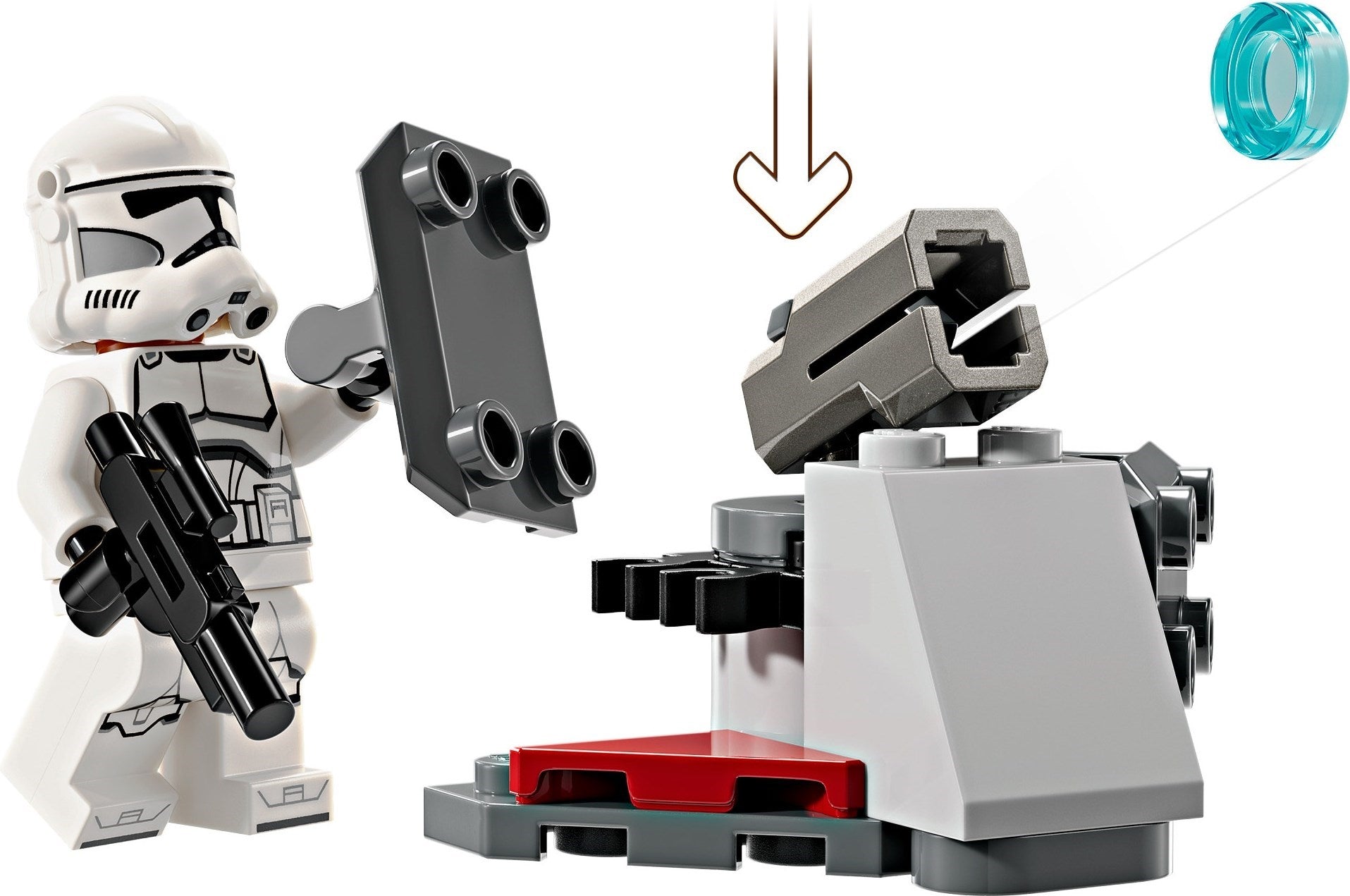 LEGO figure of a stormtrooper with a disassembled part on a white background