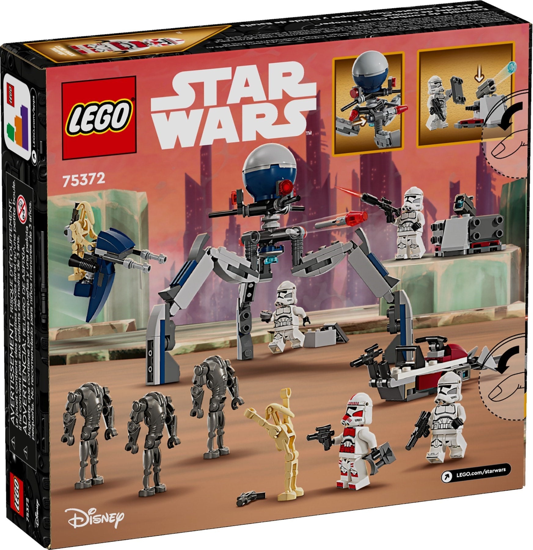 LEGO Star Wars set packaging with characters and robots on a brown background