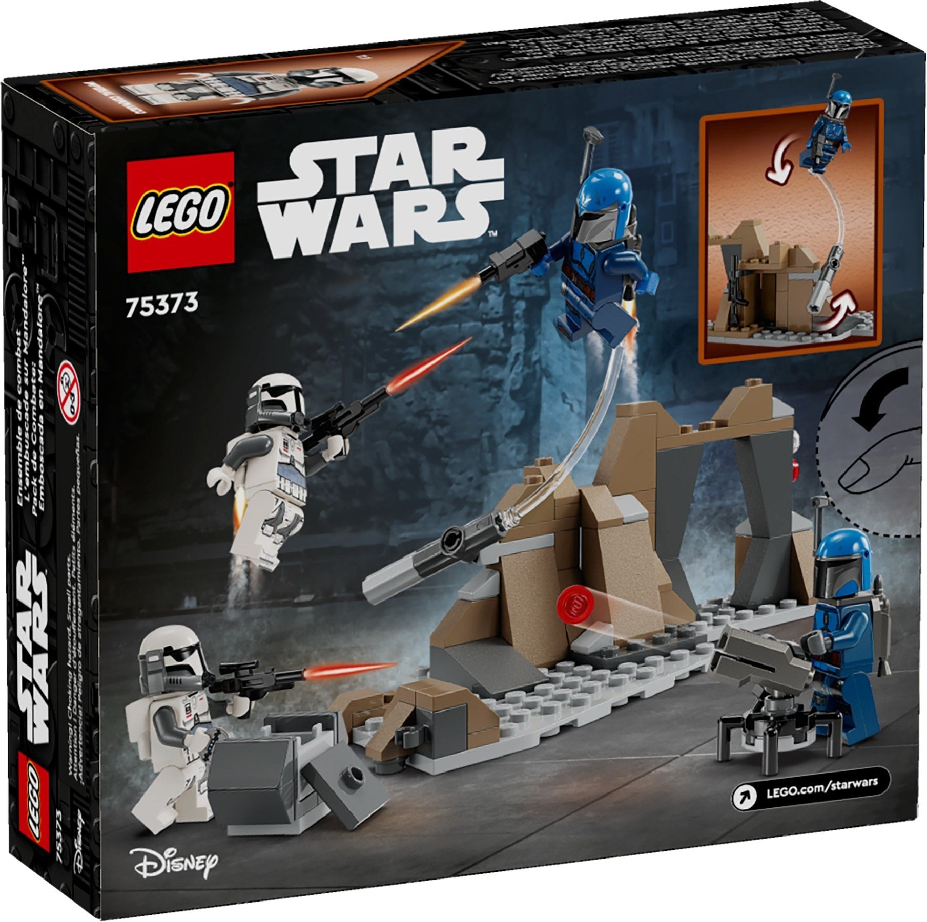 LEGO Star Wars set packaging with characters and structures on a dark background