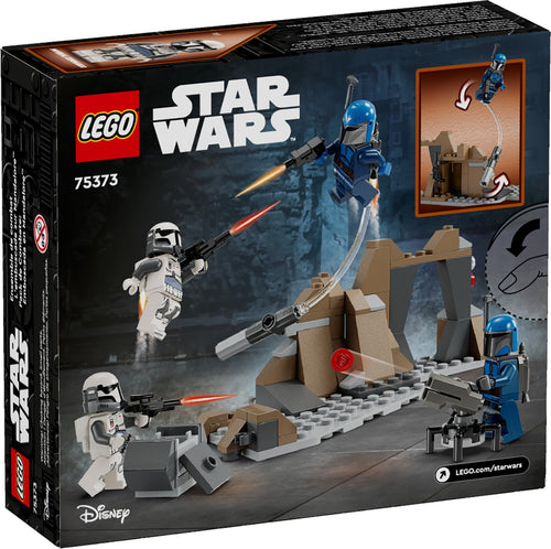 LEGO Star Wars set packaging with characters and structures on a dark background