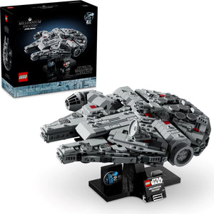LEGO Star Wars Millennium Falcon model with packaging on a white background