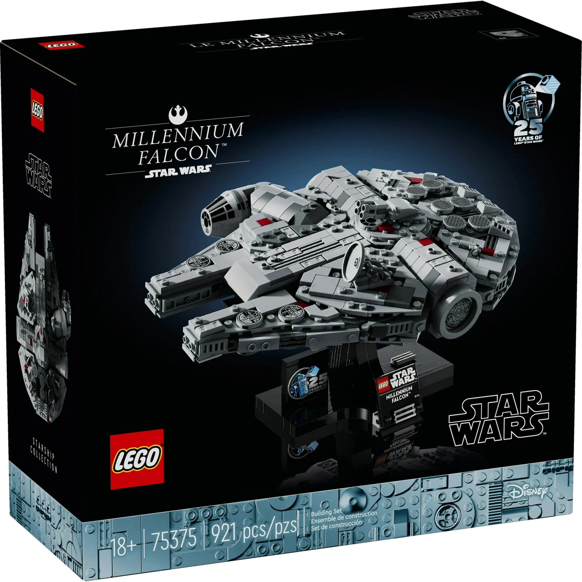 LEGO Star Wars Millennium Falcon set packaging on a black background