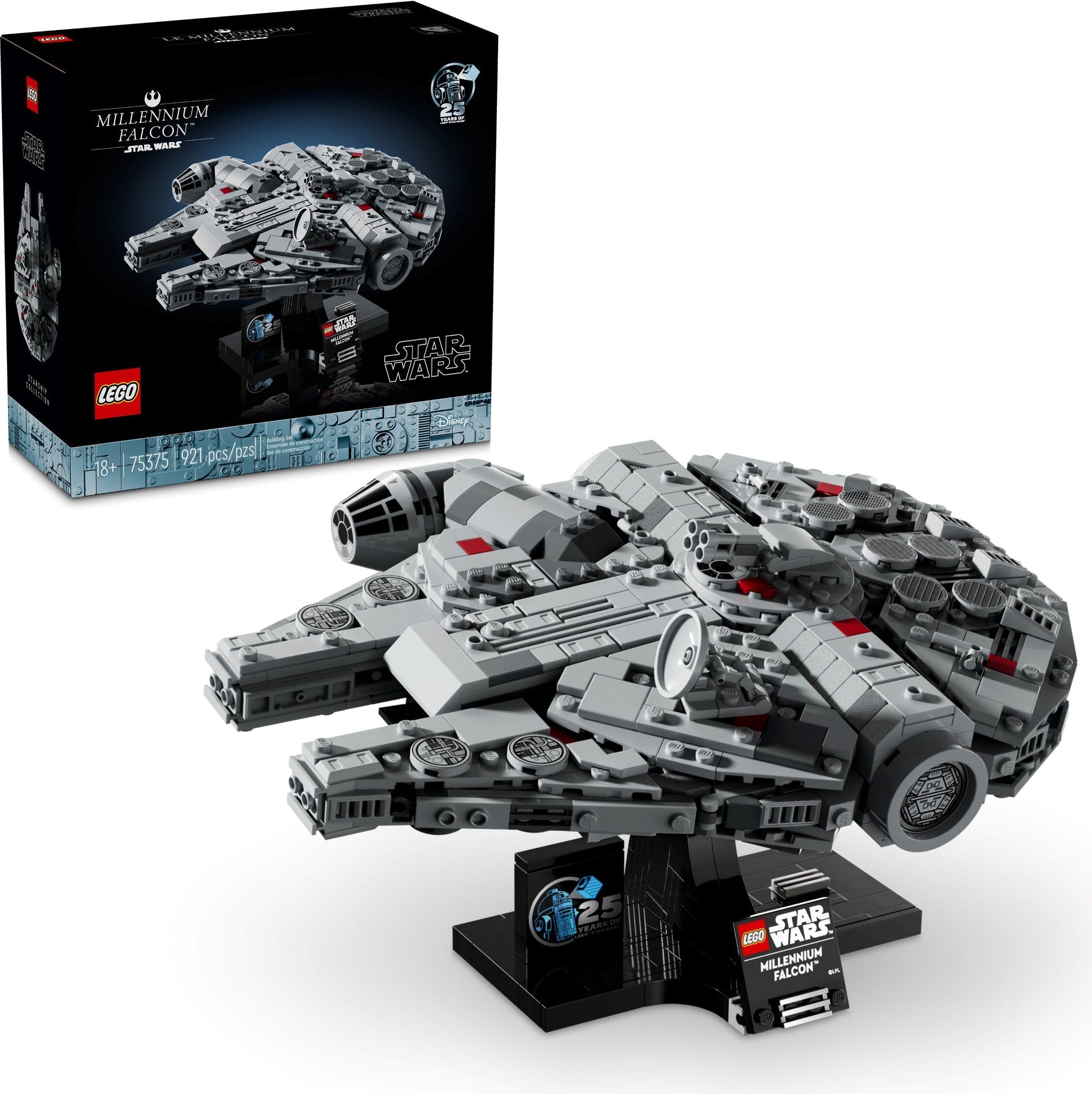 LEGO Millennium Falcon model with packaging on a white background