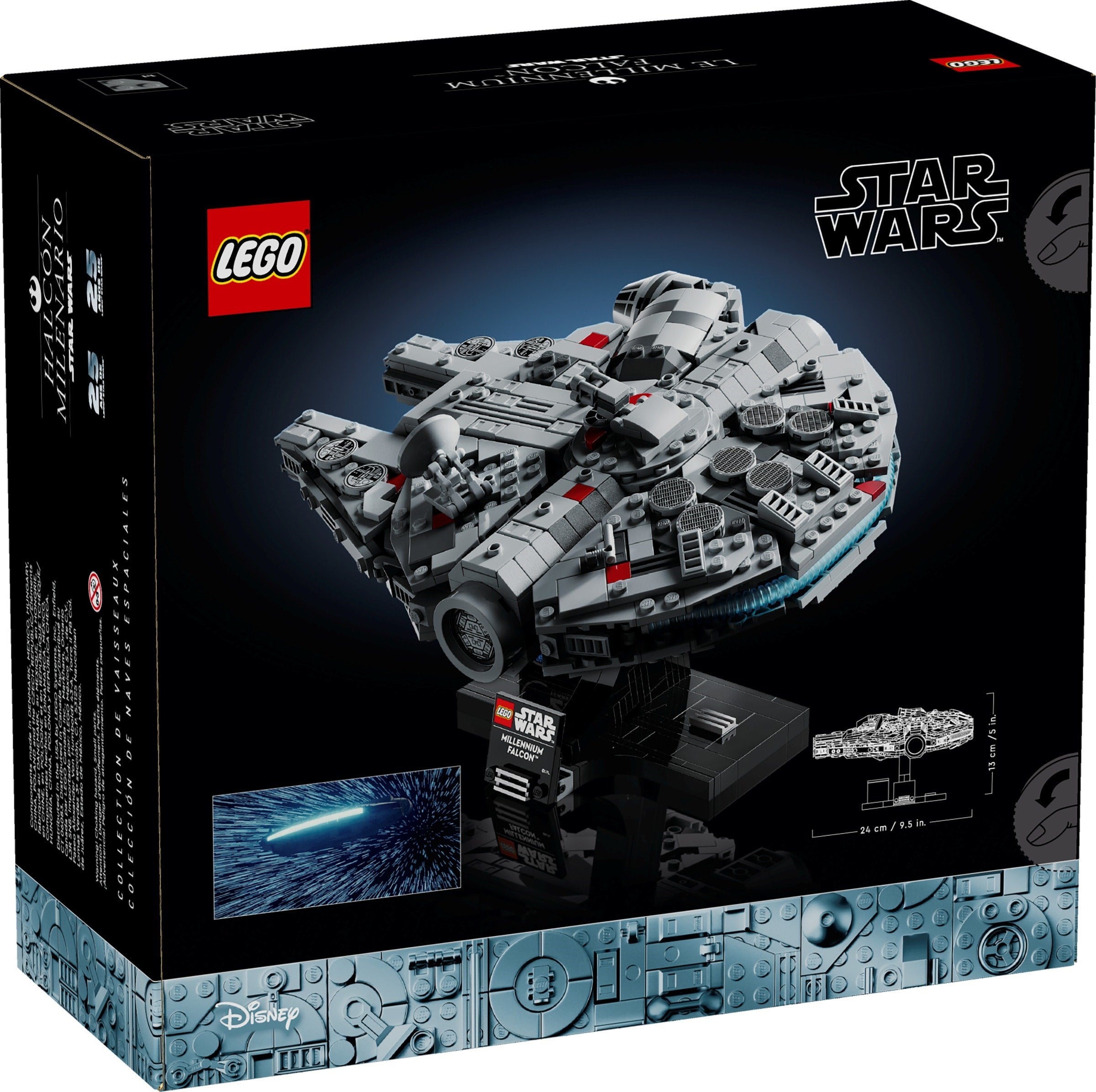 LEGO Star Wars Millennium Falcon set packaging with branding and product image.