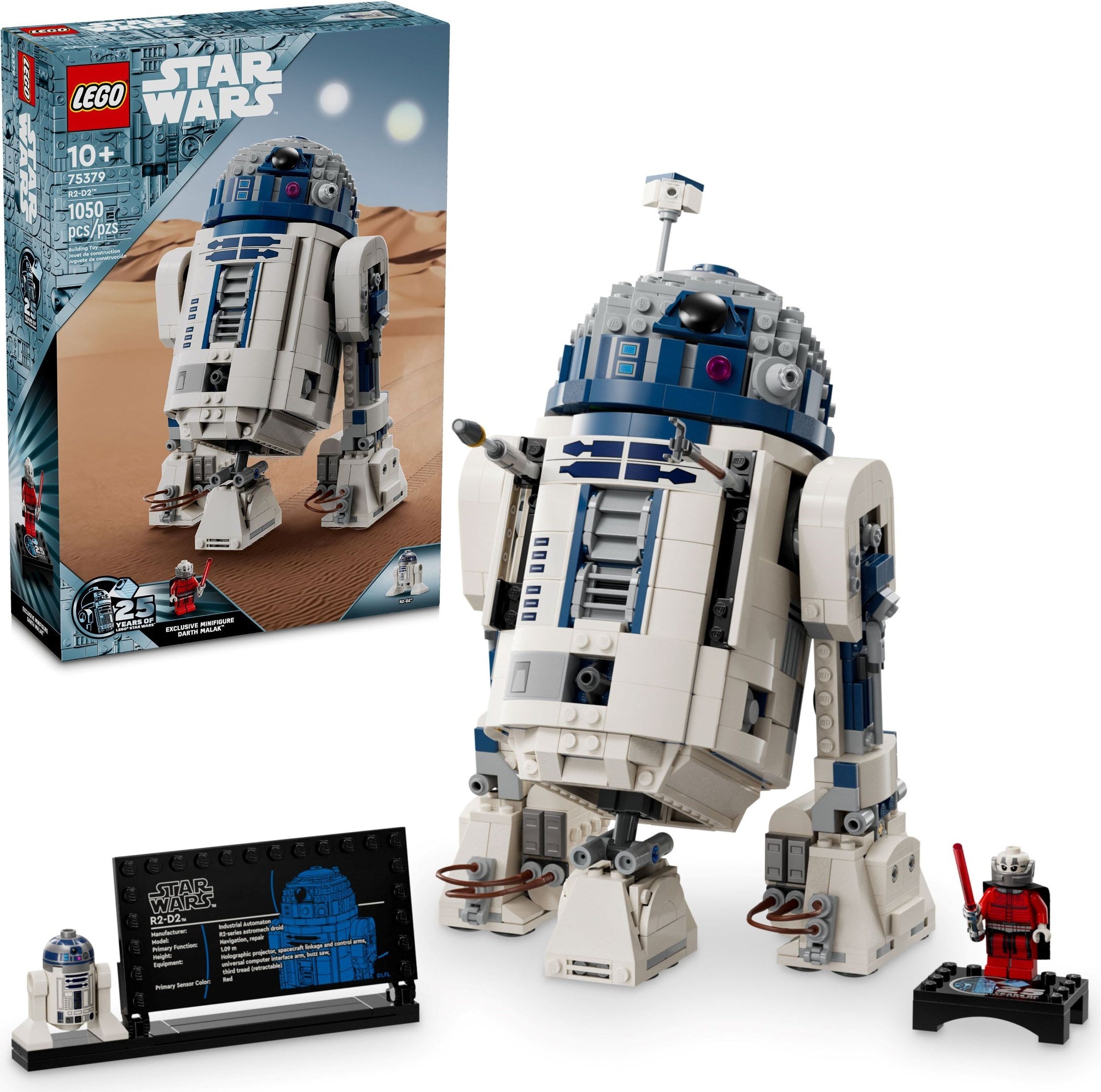 LEGO Star Wars R2-D2 set with packaging and accessories on a white background