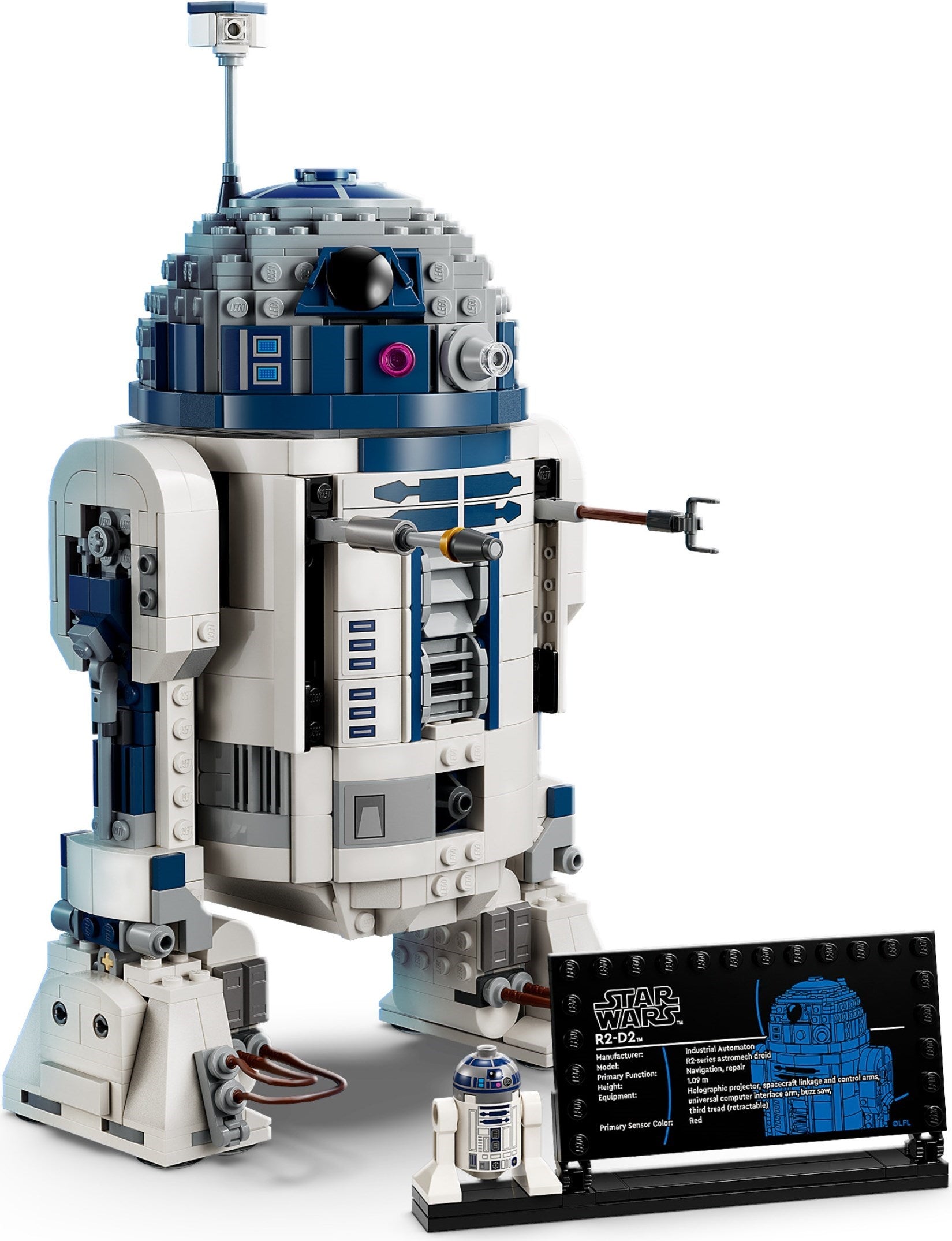 LEGO R2-D2 model from Star Wars on a white background