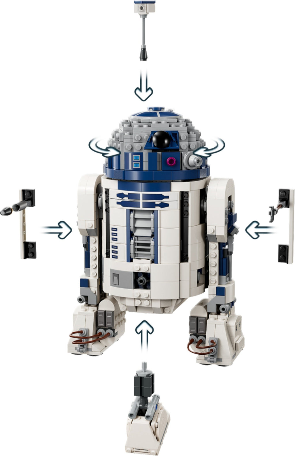 LEGO model of R2-D2 from Star Wars on a white background
