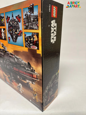 LEGO Star Wars Millennium Falcon set packaging with multiple images of the model on an orange background.