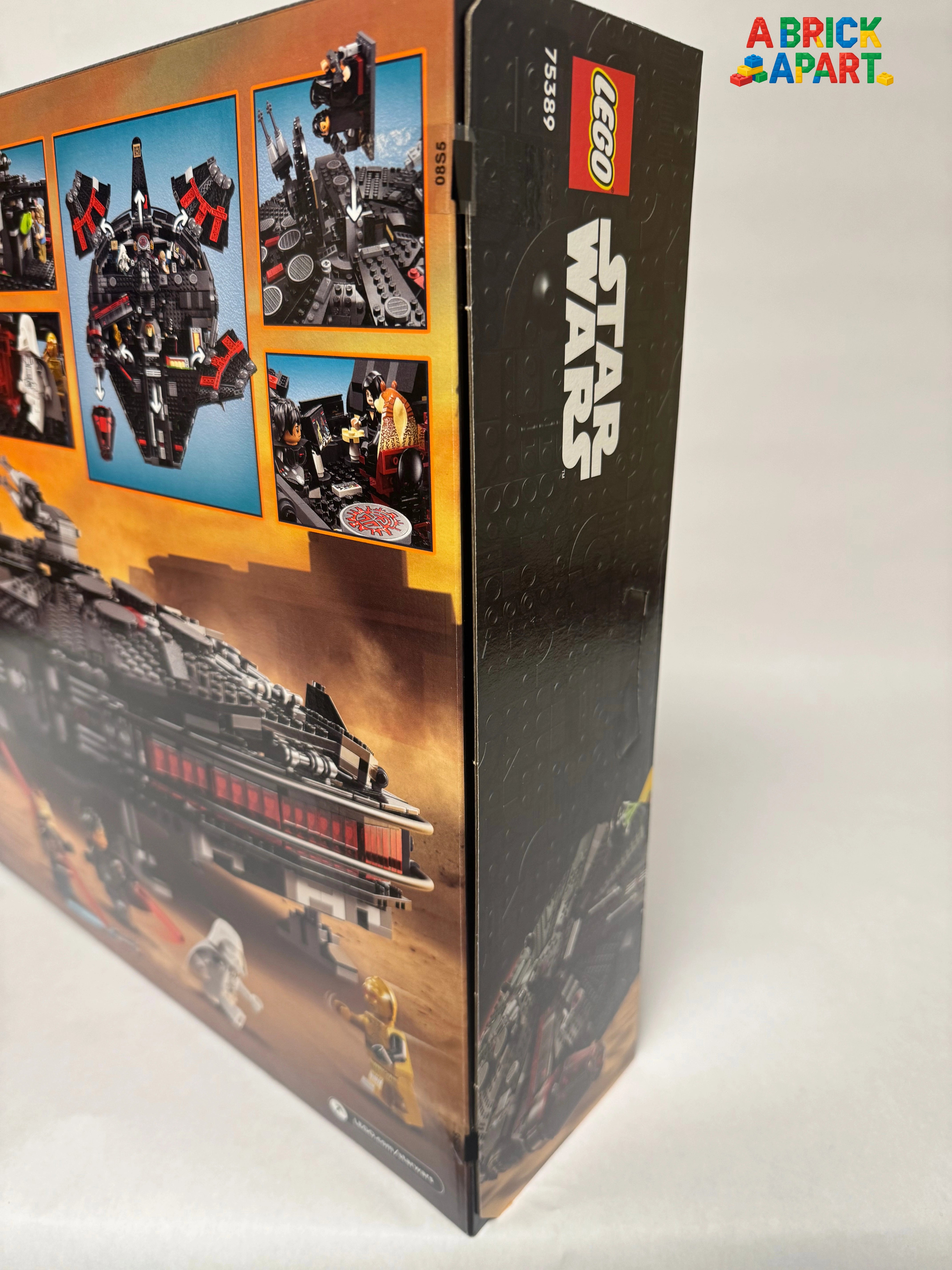 LEGO Star Wars Millennium Falcon set packaging with multiple images of the model on an orange background.