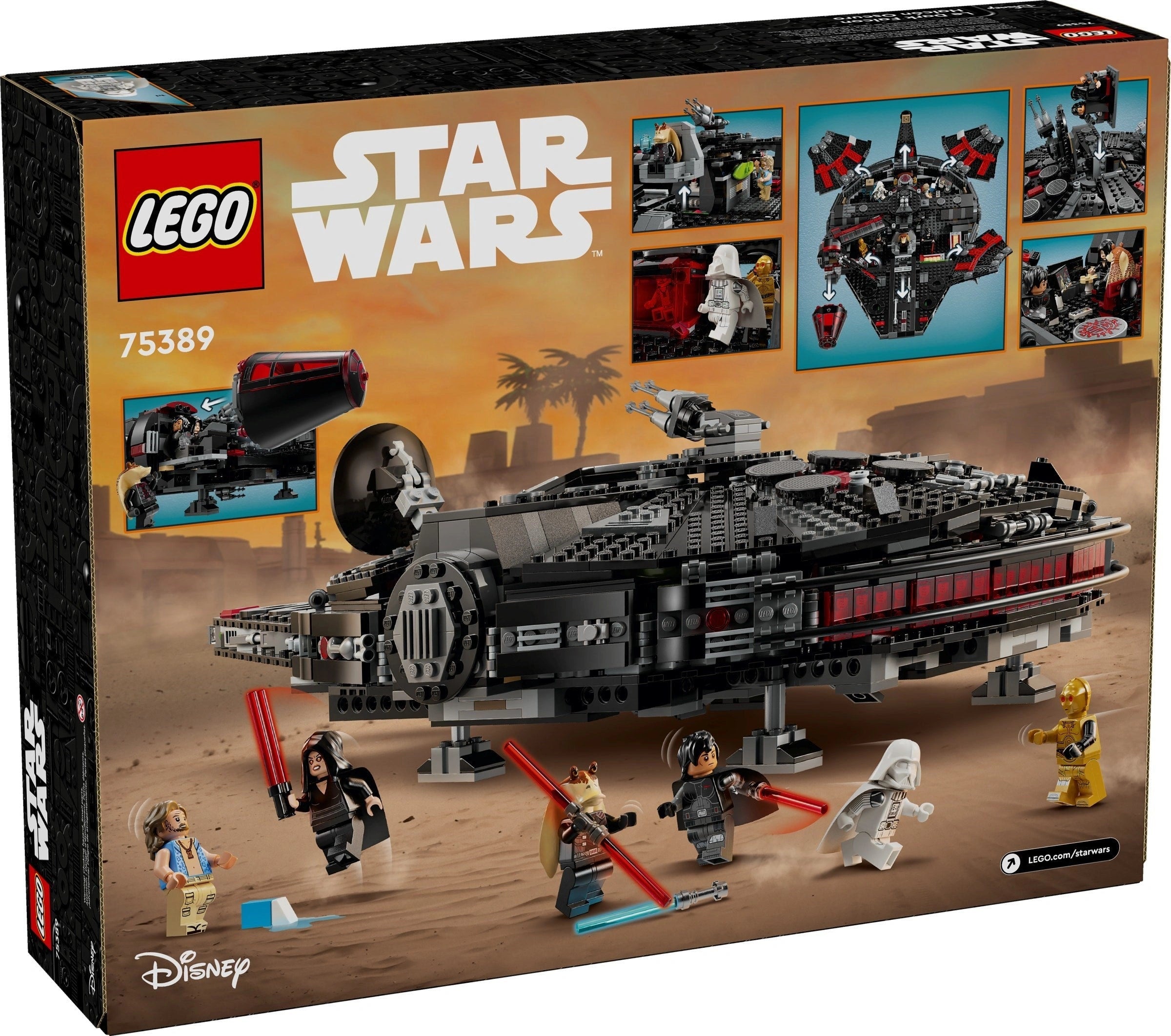 LEGO Star Wars set packaging with spaceship model and characters on a desert landscape