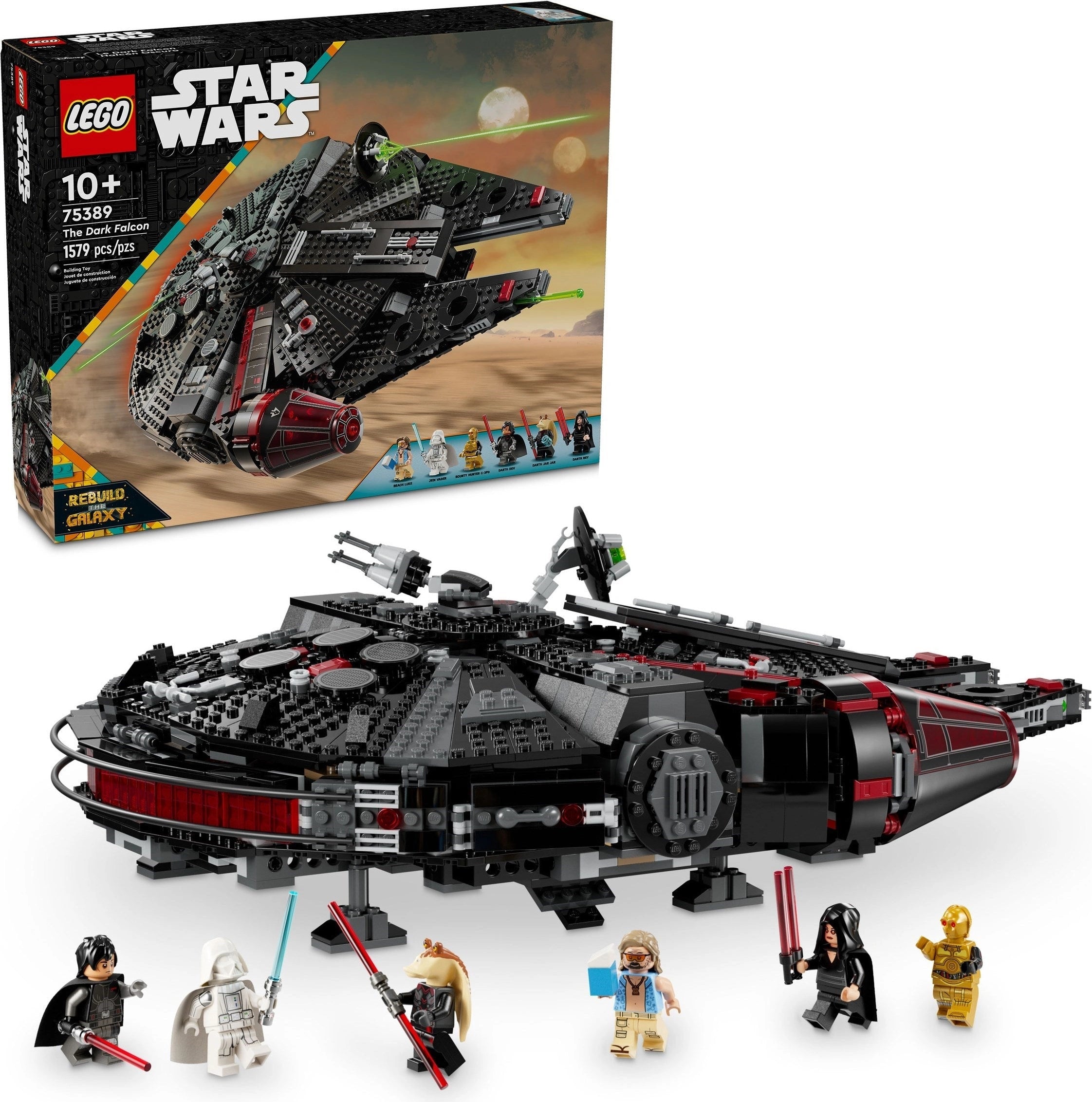 LEGO Star Wars set with Millennium Falcon model and figures, displayed in front of its packaging.