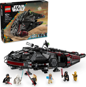 LEGO Star Wars set with Millennium Falcon model and figures, displayed in front of its packaging.