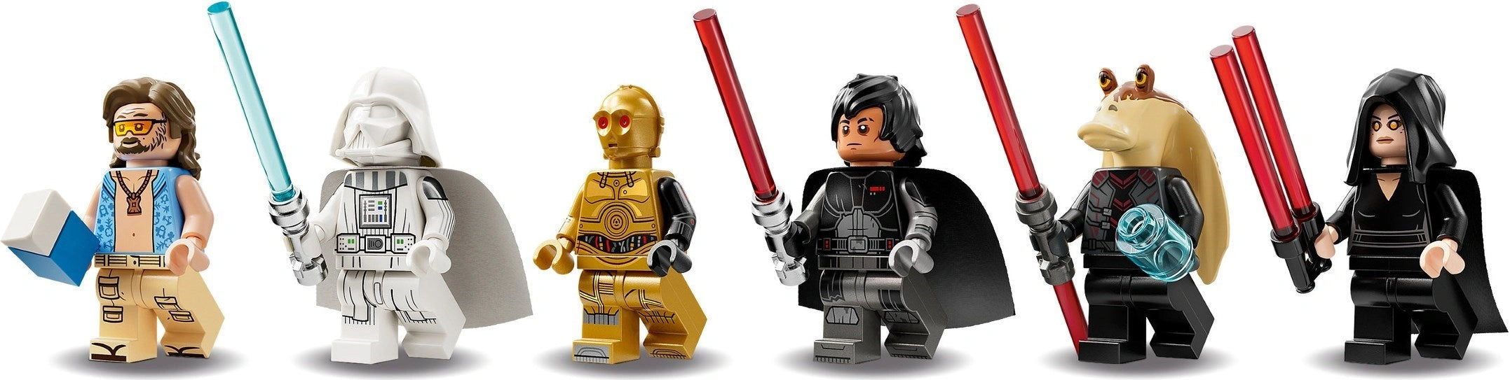 Set of six LEGO Star Wars figures arranged in a row.