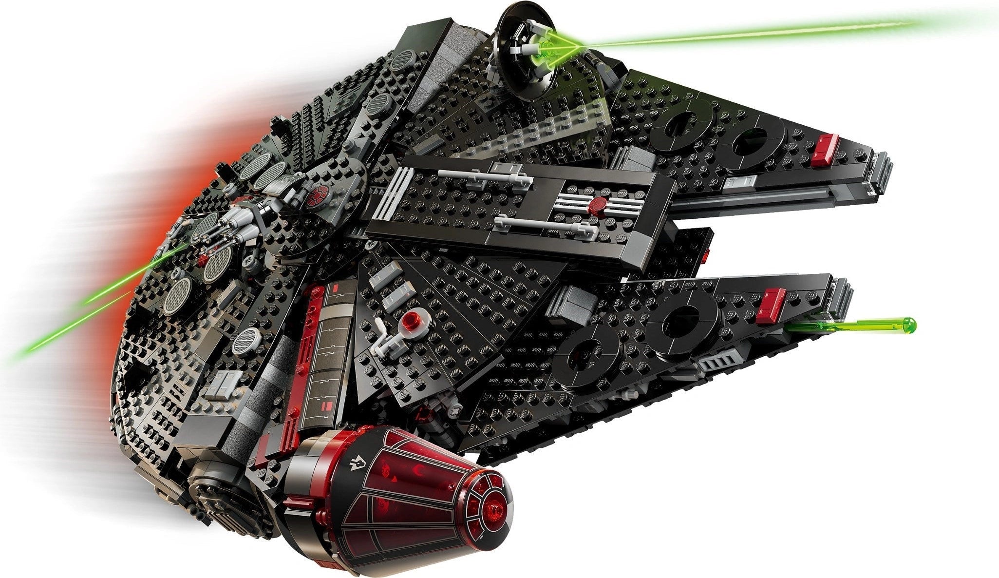 Toy model of a spaceship resembling the Millennium Falcon from Star Wars, made of interlocking bricks.