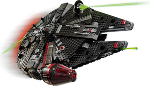 Toy model of a spaceship resembling the Millennium Falcon from Star Wars, made of interlocking bricks.