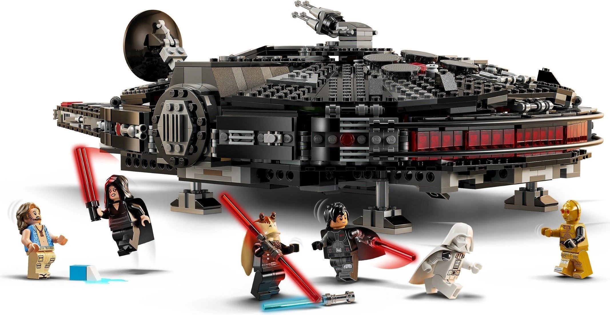 LEGO Star Wars set with a large spaceship model and several characters around it.