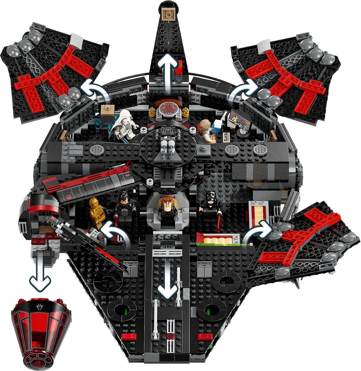 LEGO model of the Millennium Falcon with various characters on a white background